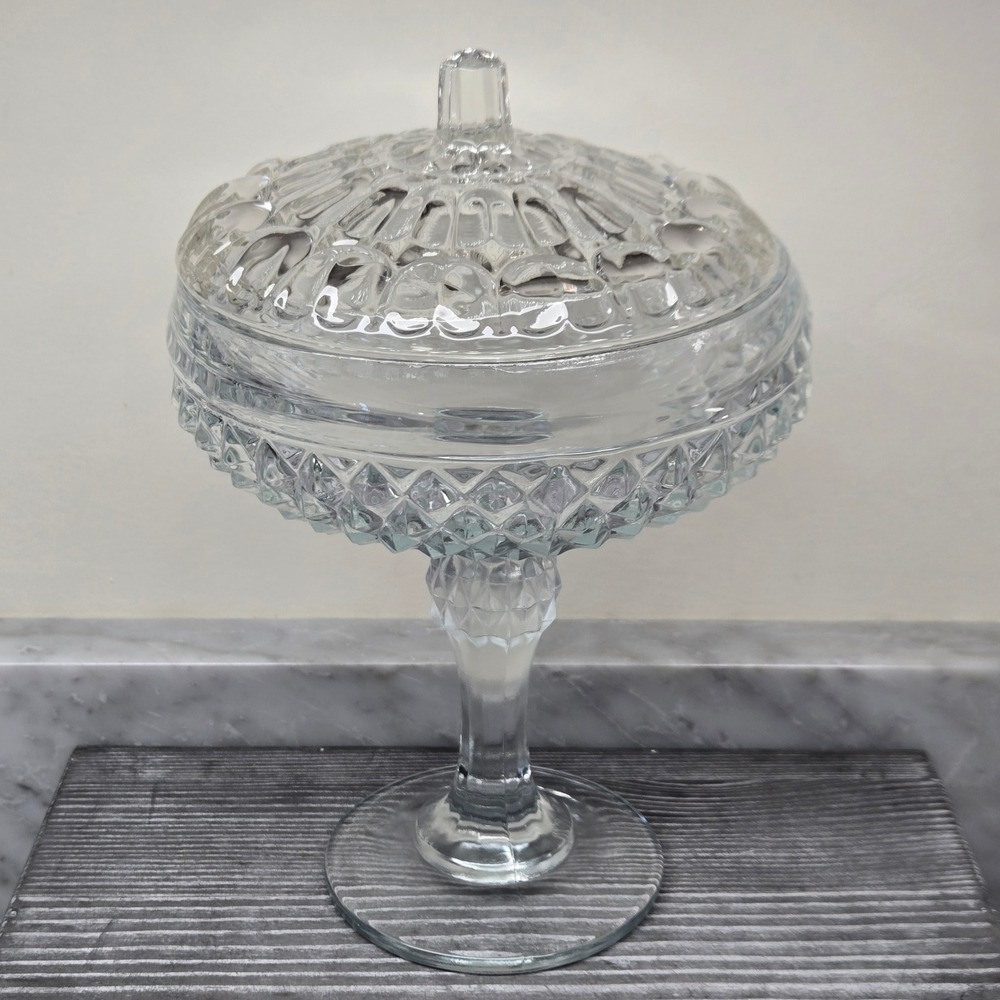 Indiana Glass Clear Diamond Point Pedestal Compote Candy Dish‎ with Lid 9.5" USA